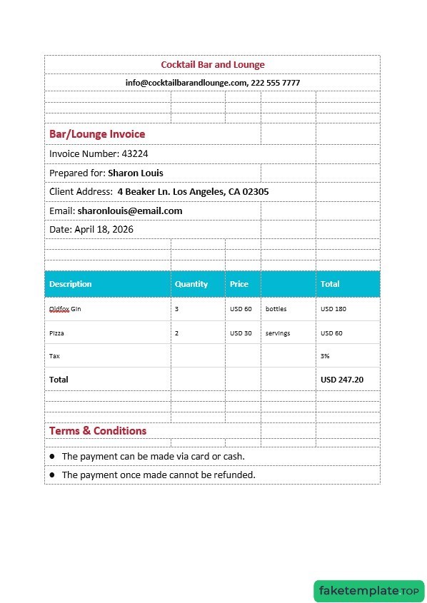 Feature of fake BarLounge Invoice